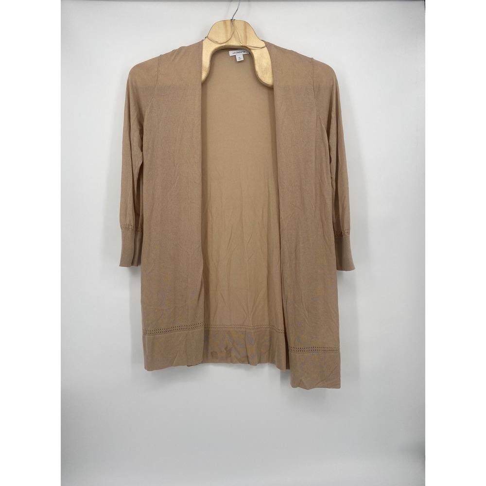 Liz Claiborne Cardigan XL Tan Open Front Pointelle Knit 3/4 Sleeve Good